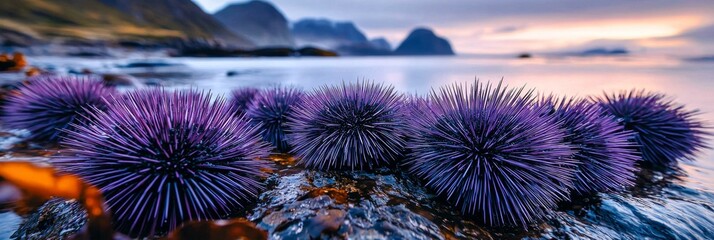 A cluster of sea urchins on rocky shoreline.
