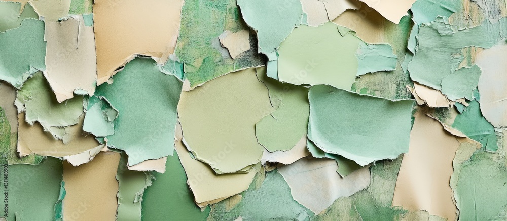 Poster abstract art collage of green and beige torn paper pieces layered with shreds of textured notebook p