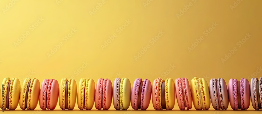 Poster Colorful macaroons arranged in a row on a vibrant yellow background with ample copy space above them highlighting a gourmet dessert theme