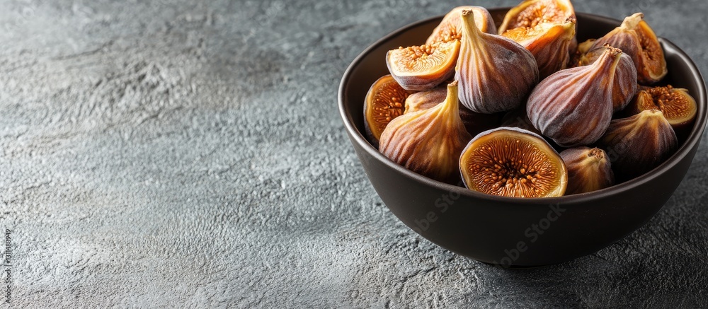 Poster bowl of dried figs in a dark bowl on a textured grey background with space for text, showcasing gold