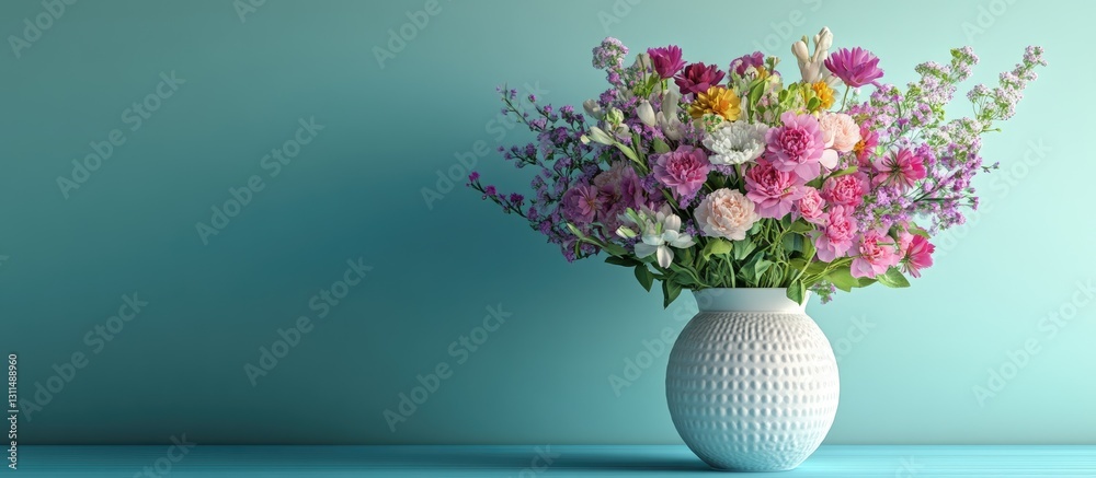 Aufkleber vibrant bouquet of assorted flowers in a white textured vase positioned on a solid teal background w