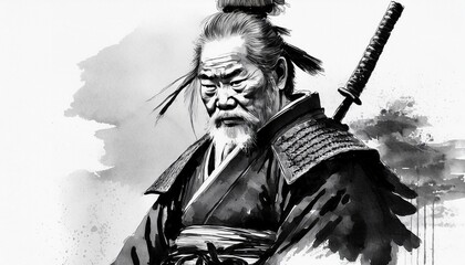 Fototapeta premium 刀を持っている侍の水墨画