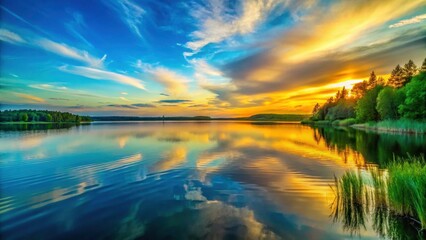 Obraz premium Serene Sunset Over a Calm Lake Reflecting Vibrant Colors in the Sky and Lush Greenery