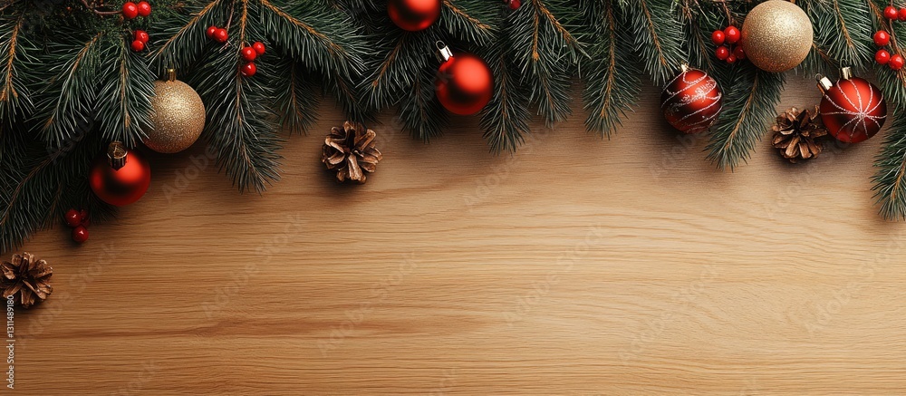 Aufkleber christmas fir tree branches with red and gold ornaments and pine cones on a light wooden table creat
