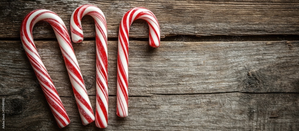 Poster red and white striped candy canes arranged diagonally on a rustic wooden background with ample copys