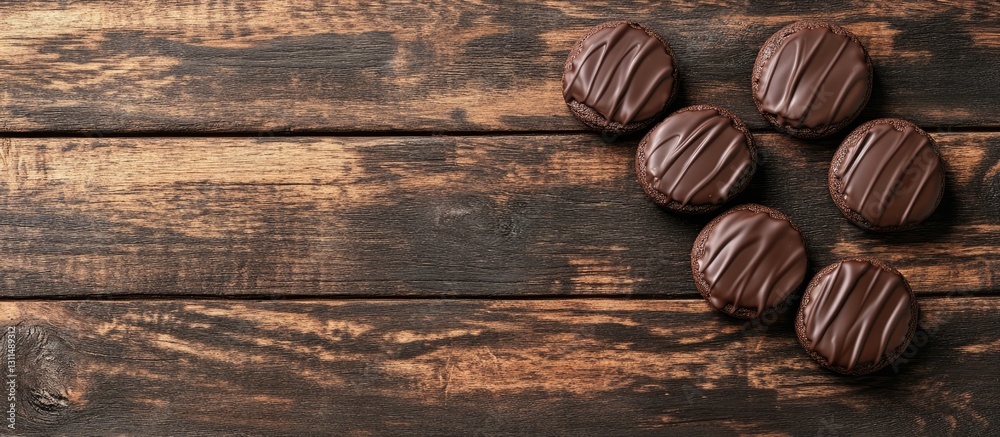 Aufkleber chocolate covered cookies arranged on dark wooden surface with rich brown tones and warm textures, f