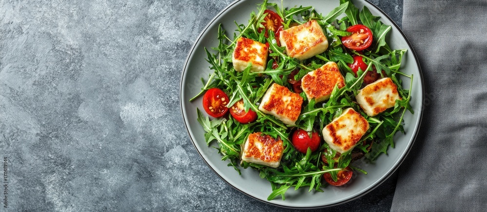Poster fresh arugula salad topped with crispy fried halloumi cheese and cherry tomatoes on a gray textured 