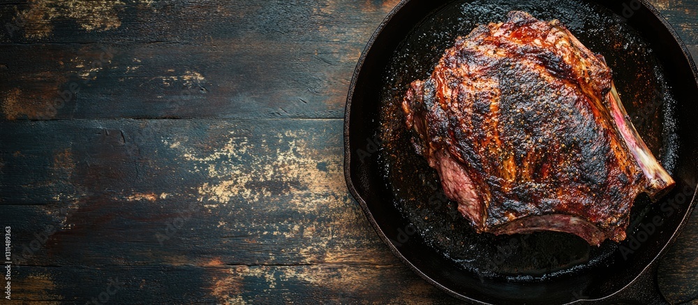 Poster roasted meat resting on a cast iron skillet with dark charred edges against a rustic wooden backgrou