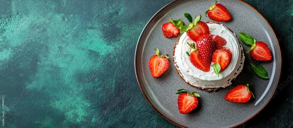 Poster chocolate roll cake adorned with fresh strawberries on a grey ceramic plate atop a dark green textur