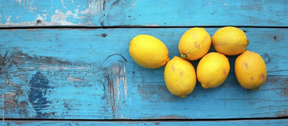 Aufkleber fresh ripe lemons arranged on weathered blue wooden surface with rustic texture showcasing vibrant y