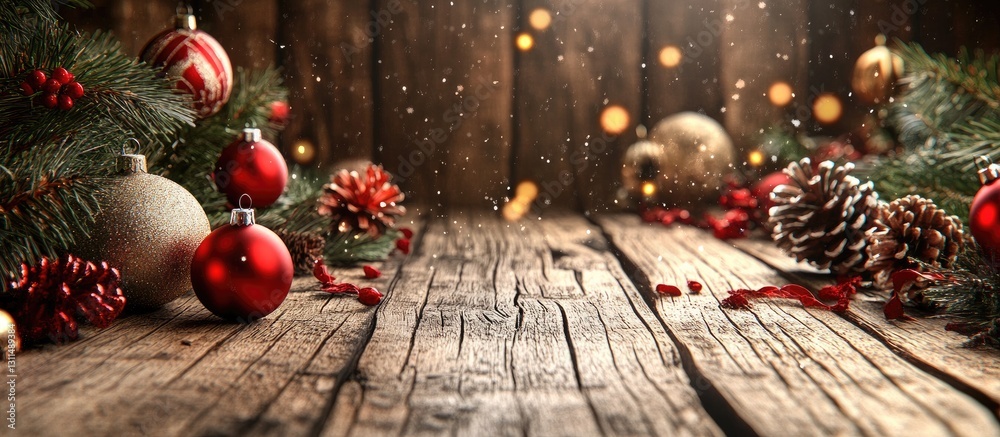 Poster festive christmas backdrop with red and gold ornaments on a wooden surface, surrounded by pine branc