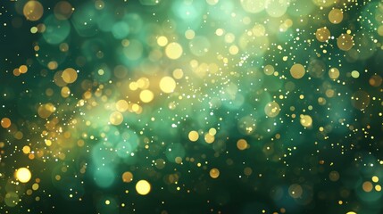 Blurred green and gold glamourous background with sparkling Xmas lights and magical shine