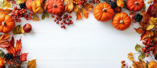 Autumn flat lay with vibrant orange pumpkins red berries and colorful leaves arranged on a white wooden background with ample copyspace