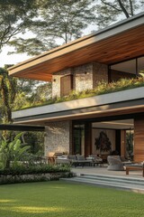 Fototapeta premium Modern architectural design showcases seamless integration of nature with spacious balcony and lush landscaping in a serene residential setting