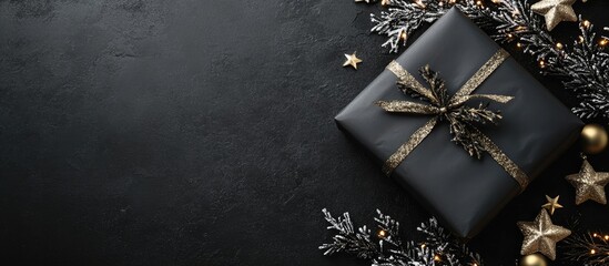 Elegant black gift wrap adorned with a golden ribbon surrounded by silver foliage and golden stars on a dark background flat lay setting