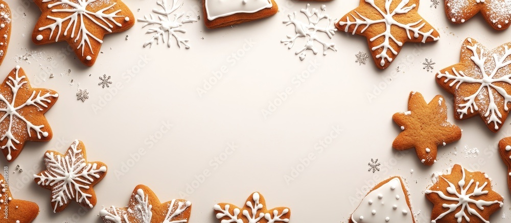 Poster Delicious gingerbread cookies arranged in a circular frame on a light background with snowflake decorations and icing details in white.