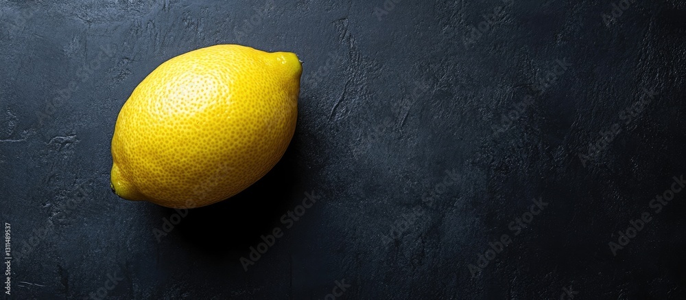 Poster Fresh ripe lemon placed on a textured black background with ample copy space to the right showcasing vibrant yellow and deep black contrast.