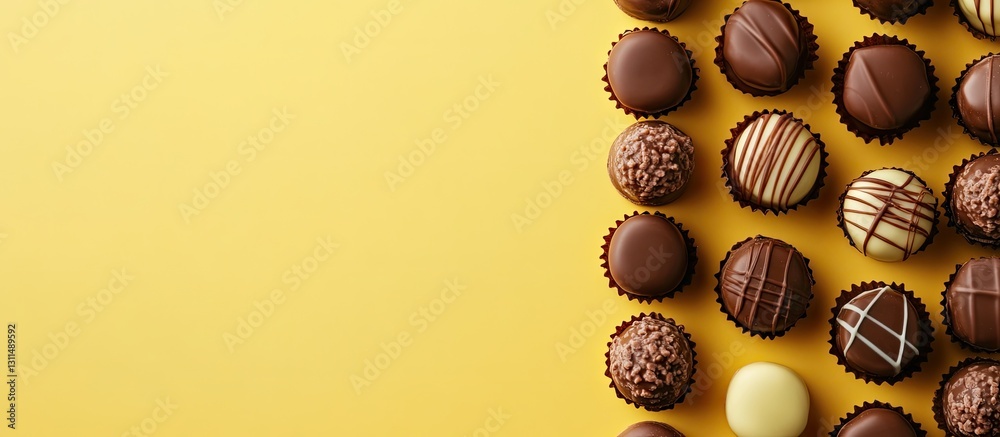 Aufkleber Delicious assorted chocolates elegantly arranged in a circular pattern on vibrant yellow background with ample copy space on the left side