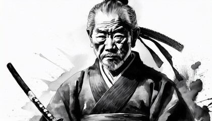 Fototapeta premium 刀を持っている侍の水墨画