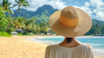 Fototapeta premium Woman Relaxing on Tropical Beach, Back View