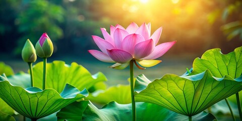 Obraz premium Serene Lotus Bud and Leaves: Peaceful Pond Bloom Stock Photo