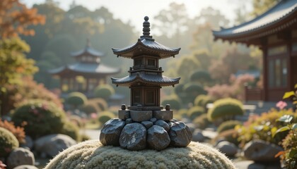 Obraz premium Serene Japanese Garden Pagoda Miniature Tranquil Asian Temple Model in Mossy Rocks