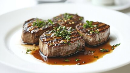 Grilled beef tenderloin, restaurant, plated dish, herbs, sauce, elegant dining