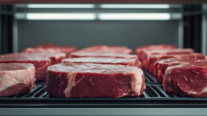 Row of Raw Steaks Displayed on Metal Rack Inside Refrigeration Unit