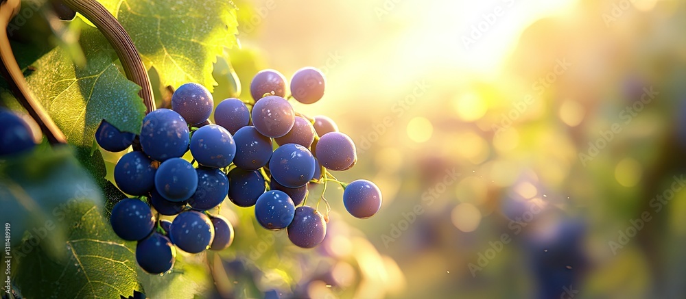 Fototapete Vibrant blue grapes hang in clusters on a sunlit vine with green leaves in the foreground and a warm golden light creating a soft bokeh effect