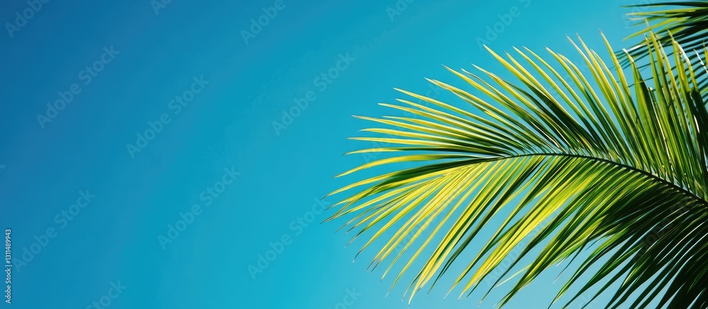 Poster vibrant green palm leaf extending from the bottom left against a clear deep blue sky creating a trop