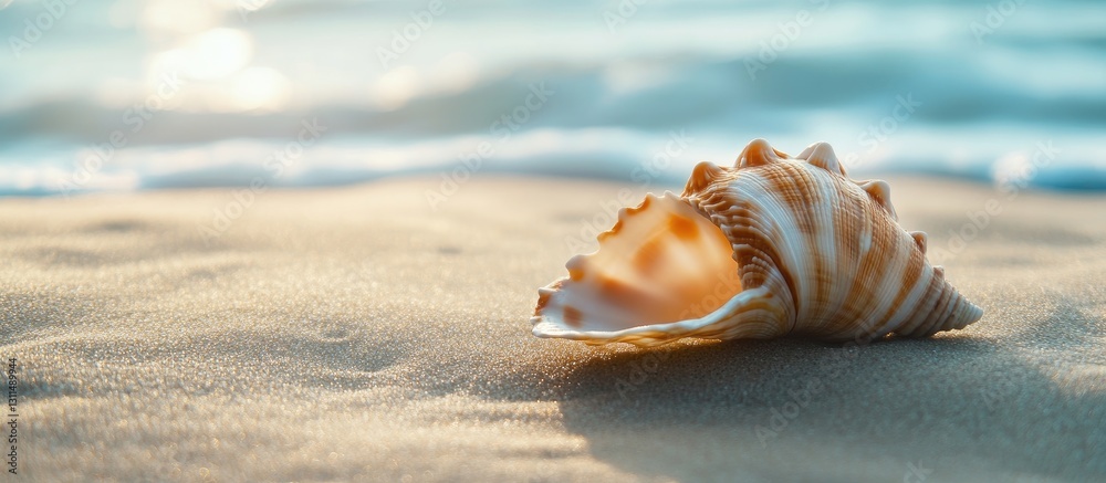Aufkleber closeup of a beautifully detailed seashell resting on soft golden sandy beach with soft waves in the