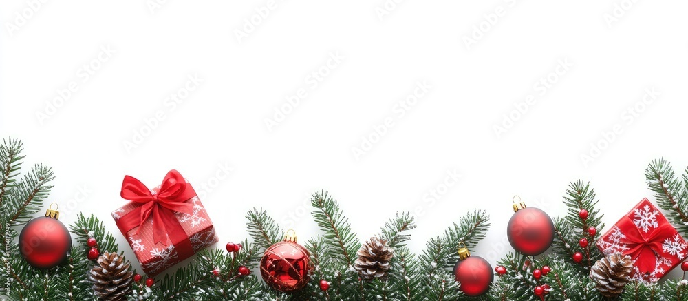 Poster christmas border design featuring a white background adorned with green pine branches red ornaments 