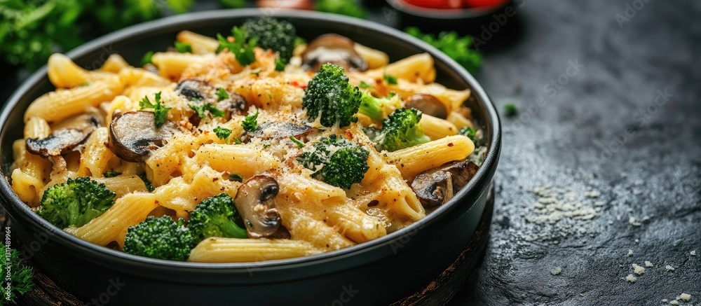 Aufkleber creamy baked pasta with mushrooms and broccoli in a black bowl placed on a textured surface with par