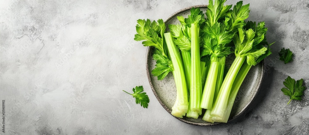 Poster fresh green celery stalks arranged on a round dark plate against a soft light gray stone background 