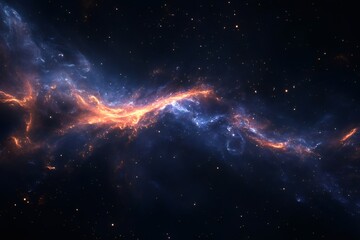Fototapeta premium Cosmic Firestorm: A breathtaking nebula, swirling with vibrant hues of orange and blue, stretches across the cosmos. Stars twinkle in the inky black background.