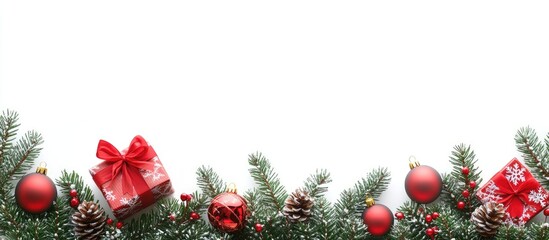Christmas border design featuring a white background adorned with green pine branches red ornaments and gifts arranged symmetrically at the bottom.