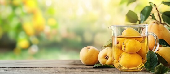 Quince fruit tea in glass jug with fresh quinces and green leaves on rustic wooden table; soft bokeh background with warm yellow hues.
