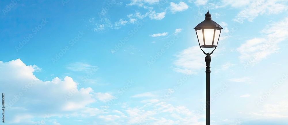 Poster elegant black street lamp illuminated under a bright sky with soft white clouds creating a serene ou