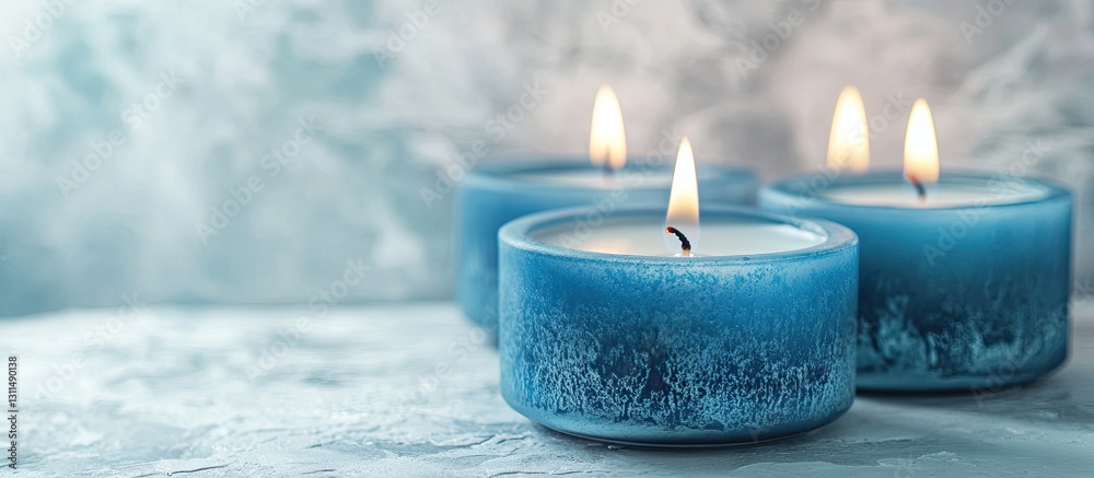 Poster blue candles with flickering flames on a soft white textured background creating a serene ambiance w
