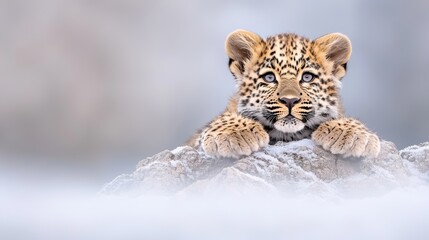 Fototapeta premium A charming young leopard peers curiously from behind a rocky surface, showcasing its beautiful spotted fur against a soft, blurred background.