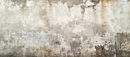 Obraz premium Worn aged cement wall with peeling paint in muted gray and beige tones featuring random texture and ample copyspace for text placement.