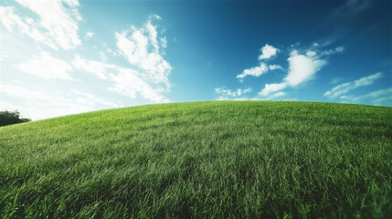 Obraz premium Lush grassy hill under bright blue sky with scattered white clouds. Perfect natural scenery with copy space for text or designs.
