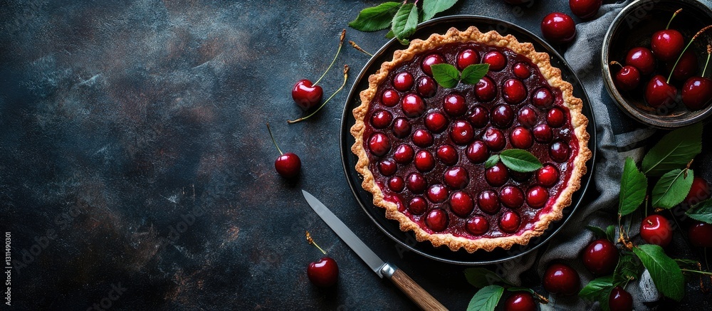 Poster Rustic autumn cherry tart pie displayed on a dark backdrop with a bowl of cherries and a knife greenery accents and deep colors top view horizontal composition