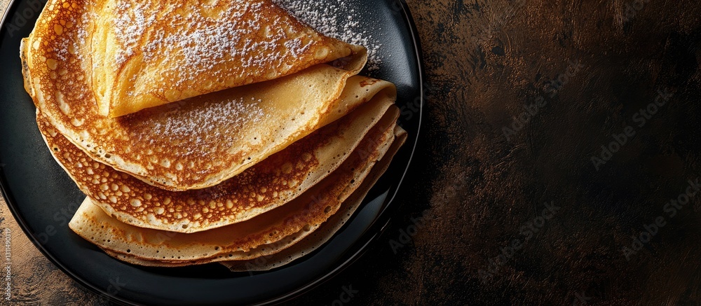 Poster delicious stack of golden yeast crepes on a black plate with powdered sugar atop, set against a dark