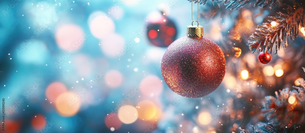 Aufkleber Vibrant blurred background featuring a sparkling red ornament hanging from a frosted tree with soft blue and warm golden bokeh lights