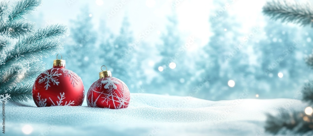 Poster red christmas ornaments resting on snow-covered ground with glistening frost and blurred evergreen t
