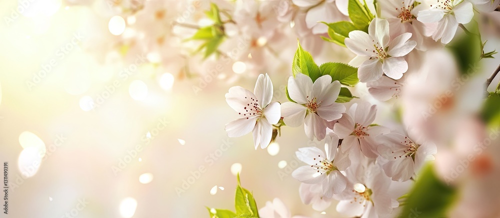 Aufkleber Cherry blossoms in full bloom with delicate white petals and vibrant green leaves on the left side creating a soft, dreamy spring backdrop