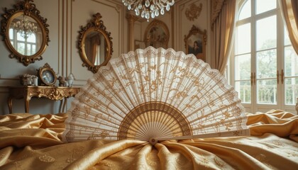 Elegant Lace Hand Fan on Luxurious Gold Bed in a Classic Room