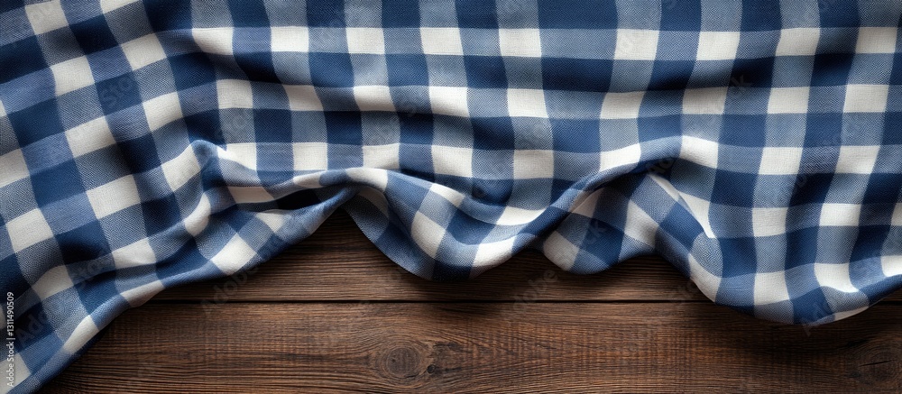 Aufkleber blue and white checkered tablecloth gracefully draped on a rustic wooden surface with natural grain 