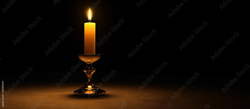 Poster lit yellow candle in a clear candlestick positioned centrally on a dark table with a black backgroun